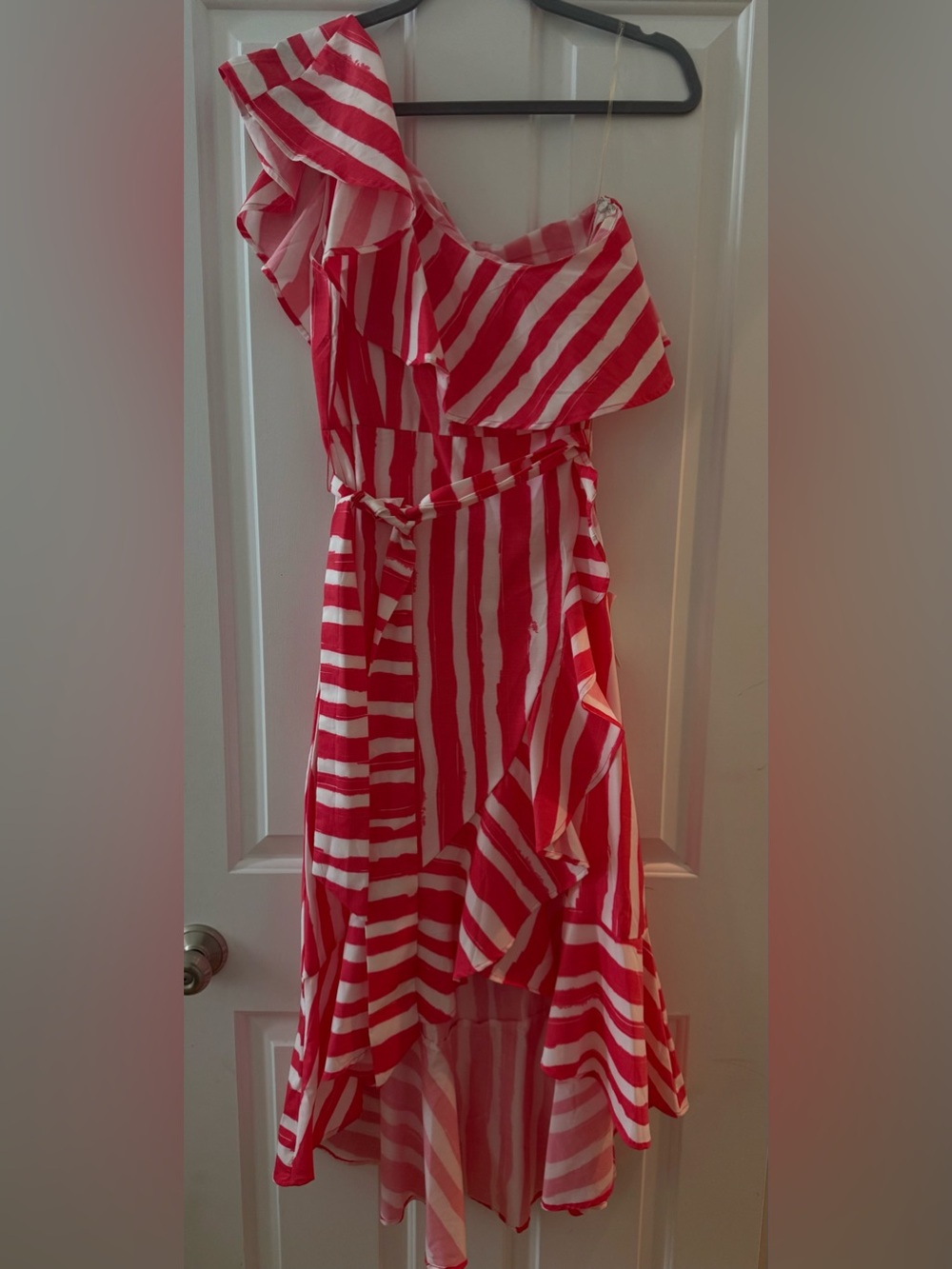 One-Shoulder Red & White Striped Dress